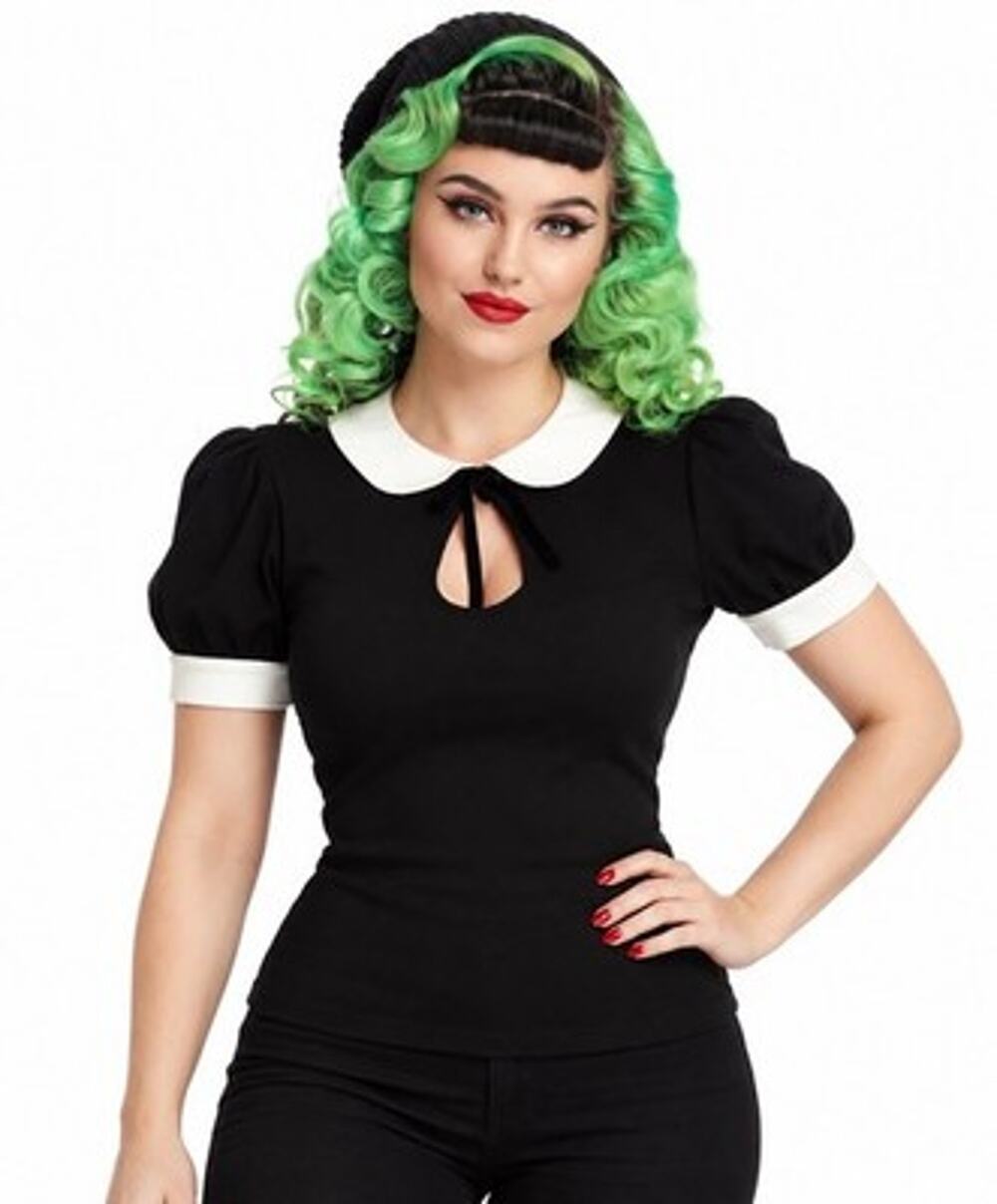 Collectif London Khloe Top Black White Peter Pan Collar US 12 UK XL Rockabilly